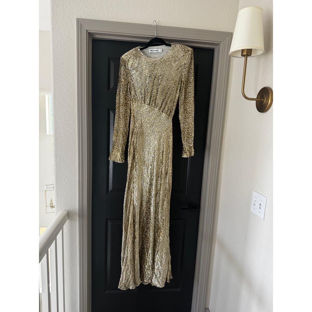 Self Portrait Women's Gold Metallic Maxi Gown Size 6 Open Back Black - Picture 6 of 7
